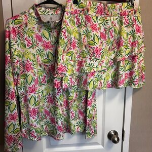 Emerald 18 Womens Tropical Floral Print Long Sleeve Golf Tennis Skirt Set L